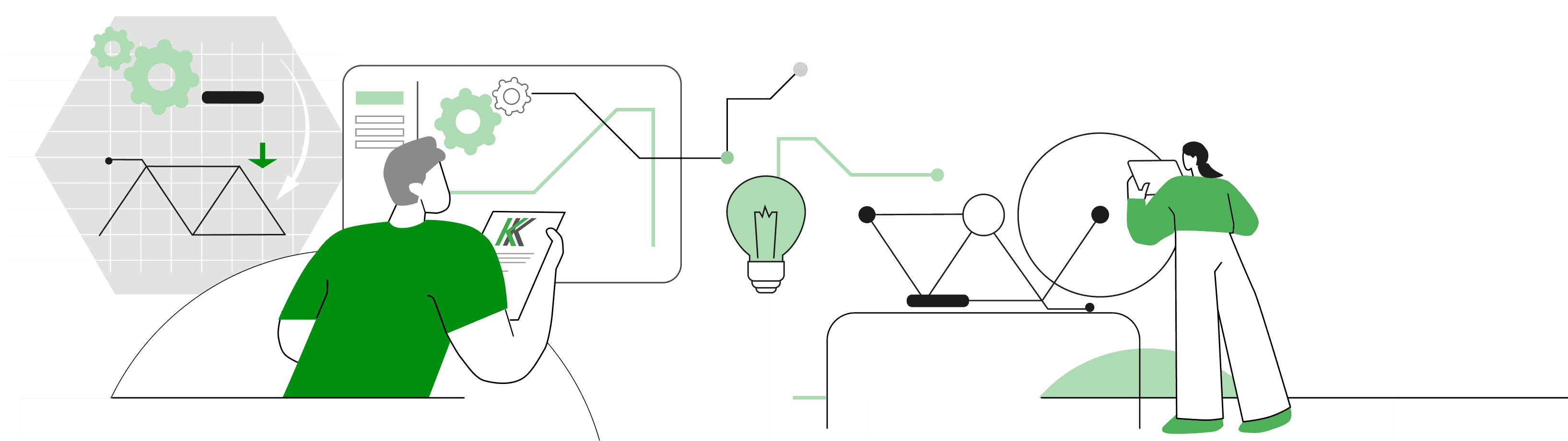 Illustration de personnages entrain d'étudier le process de fabrication d'un produit